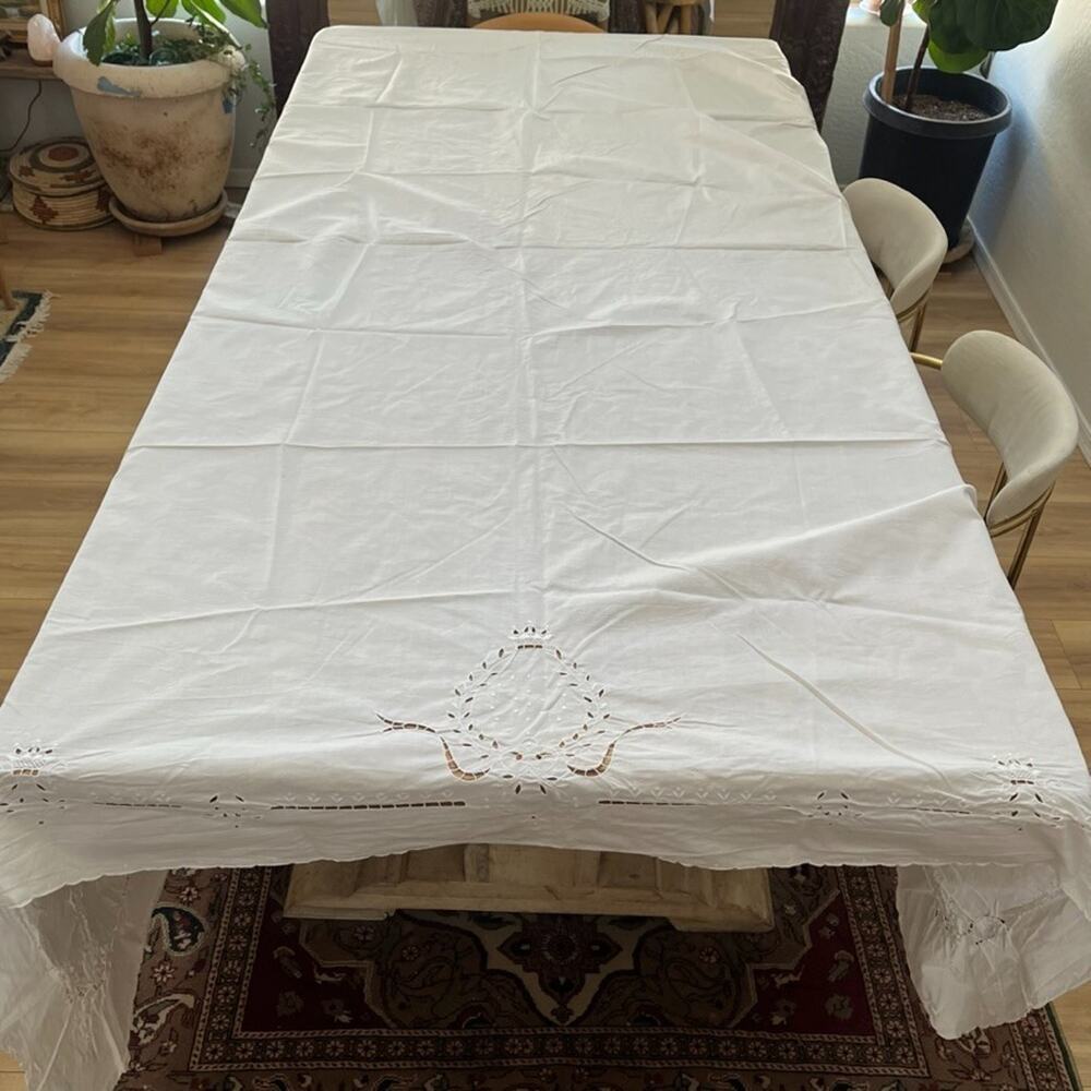 Imperial Elegance White Cotton Tablecloth 98" x 86" Embroidered Cut-out Details